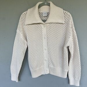 Varley Kris Crochet Cardigan Jacket S Beige Cotton Boxy Open Knit Button down